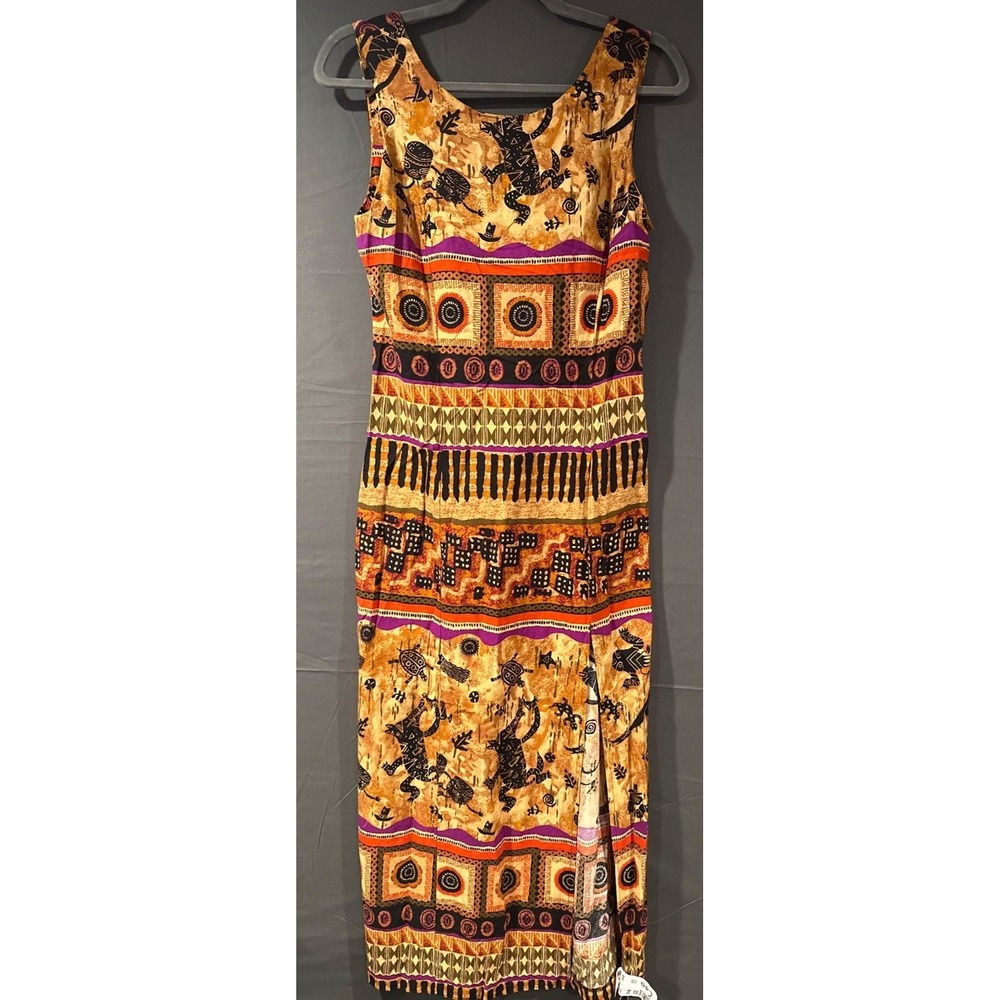 Vintage Womens 10 Western Aztec Gecko Print Maxi Dress Boho Southwestern USA